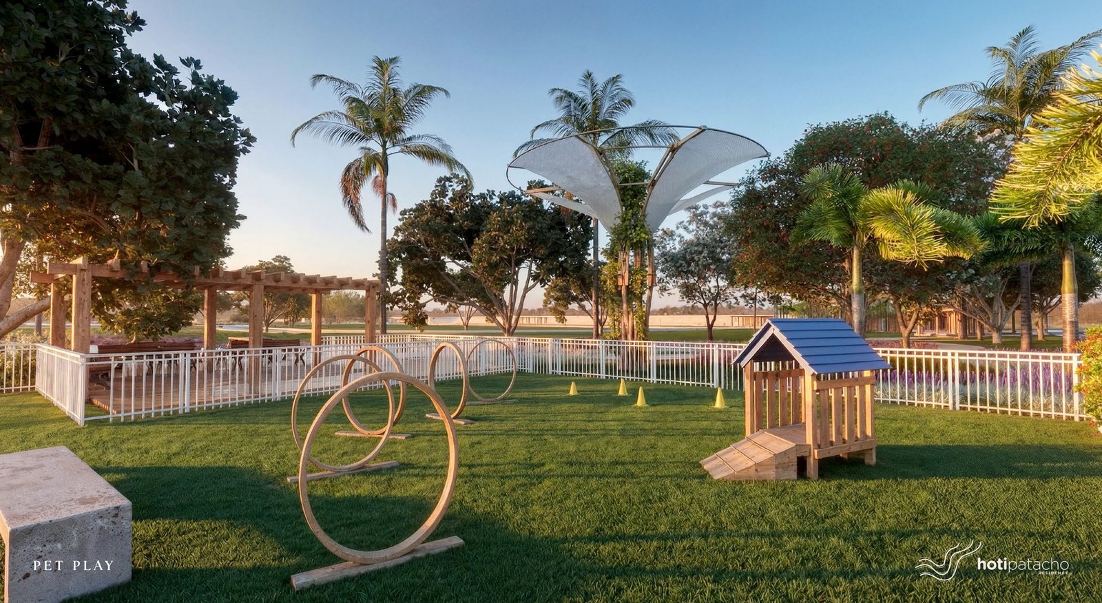 Espaço pet play do Hoti Patacho Residence com obstáculos para cães